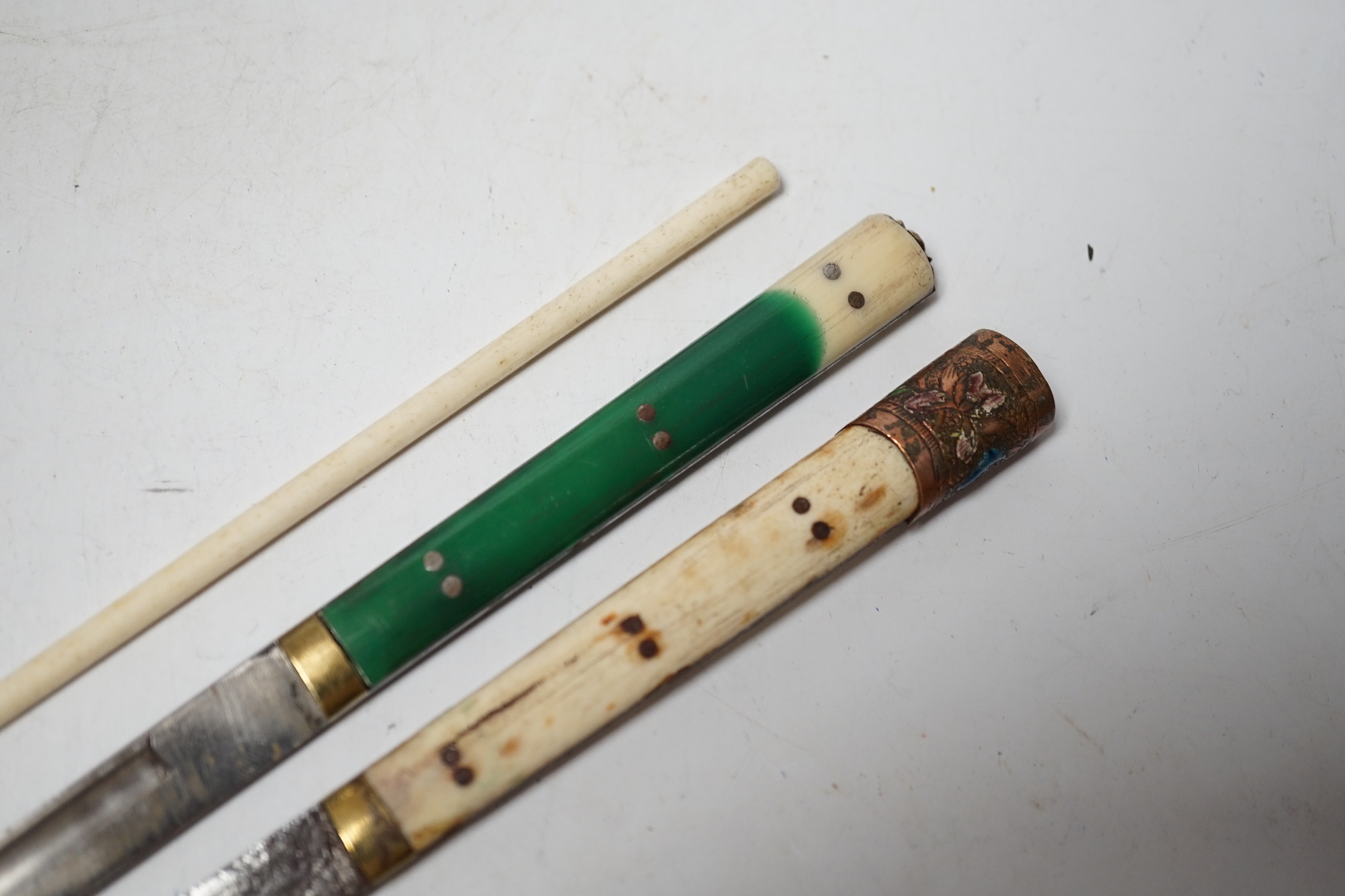 Two Chinese enamelled metal chopstick and knife cases, early 20th century, tallest 10.5cm high